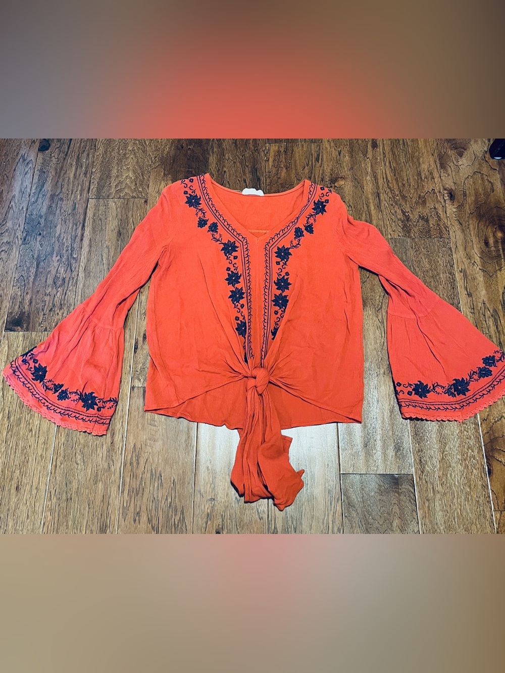 Altar'd State Dark Coral Tie-Front Embroidered Blouse